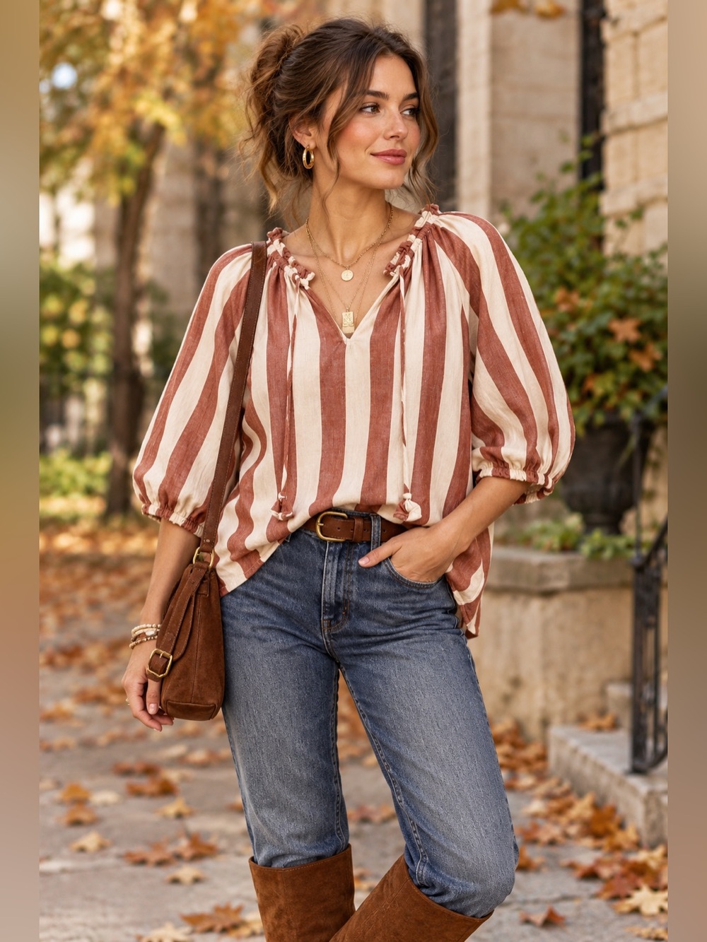 Woman’s Cotton Striped Peasant Blouse in Cream & Rust 3/4 Puff Sleeve Size Large
